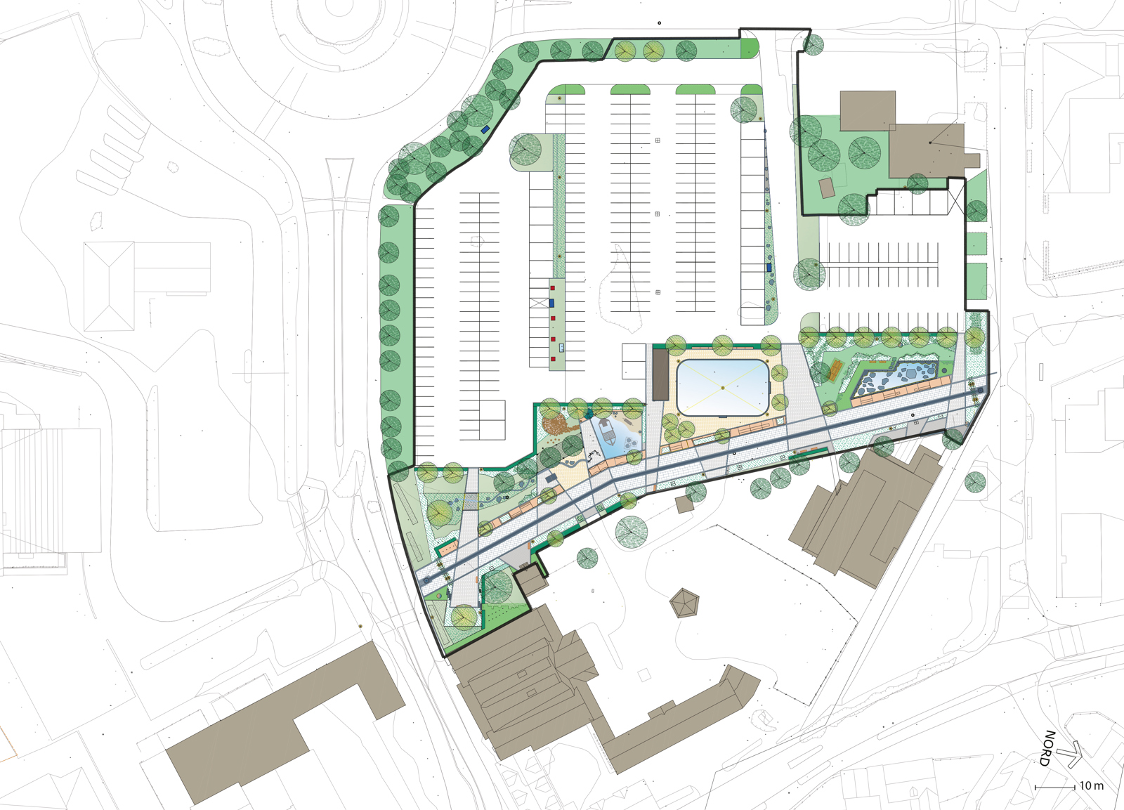 Landskapsplan av gate, parkeringsplass osv. Arkitekt tegning.