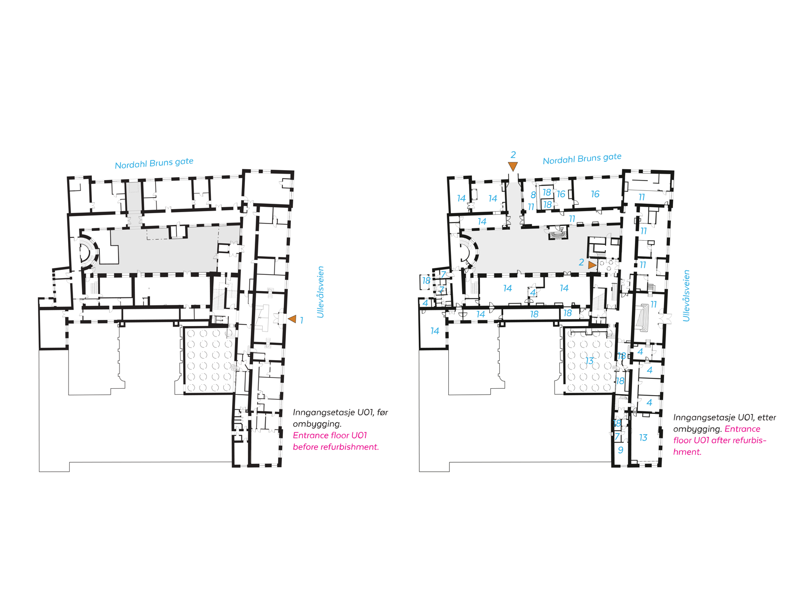 Inngangs etasje før og etter transformasjon på skole, plan tegning, arkitekt tegning.