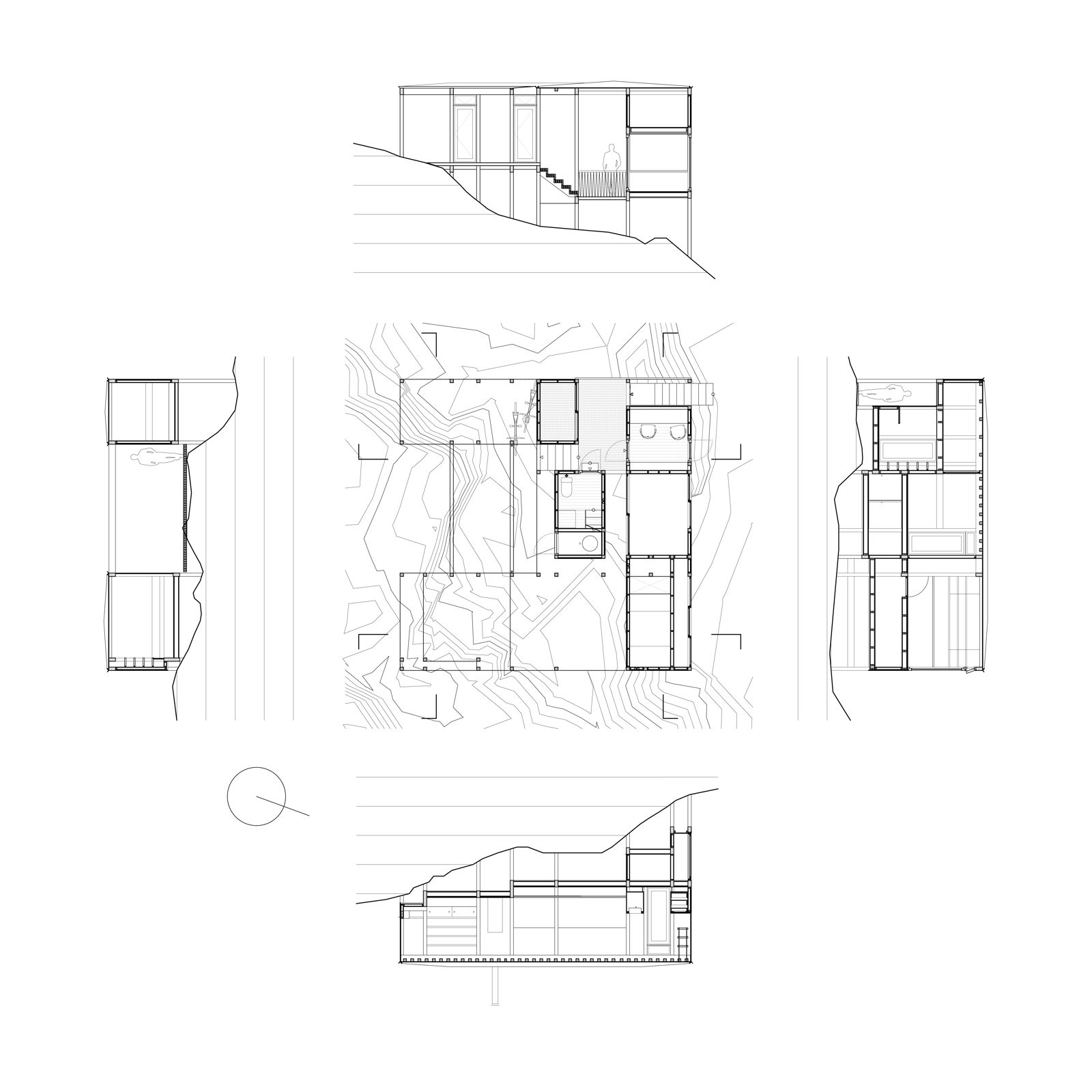 Plan over hytte og alle fasader brettet ut. Arkitekt tegning.