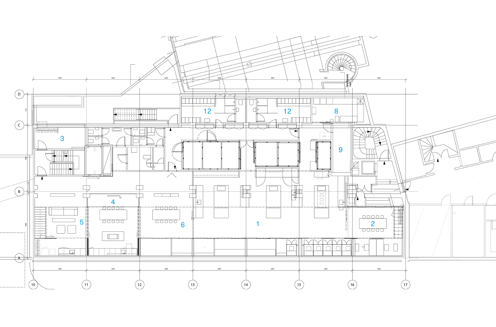 Plantegning av underetasje på bygg med kontorer og matfagelig senter. Arkitekt tegning.