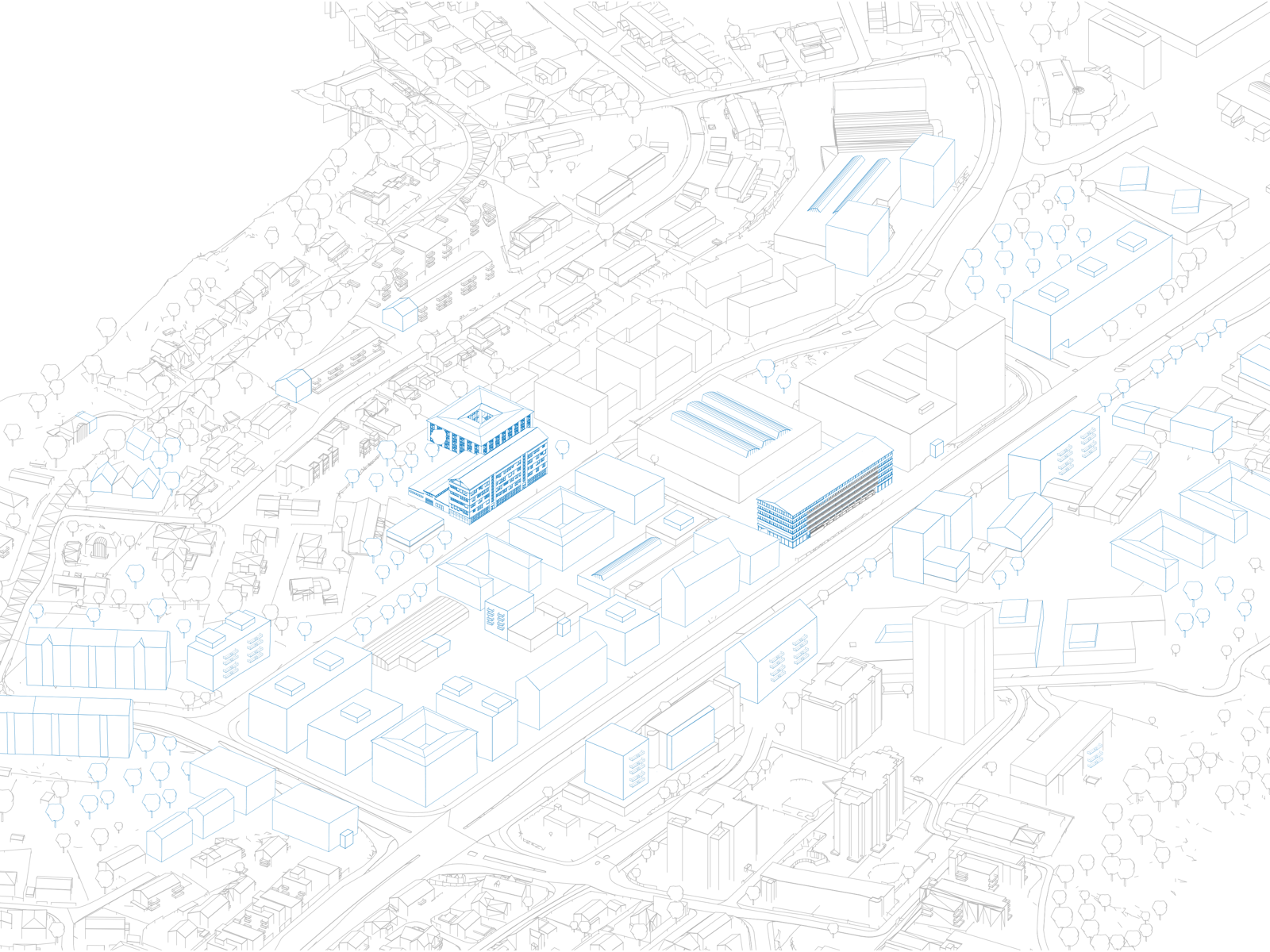Aksonometrisk tegning som viser deler av by hvor noen bygningsmasser er uthevet i blått. Arkitekt tegning.