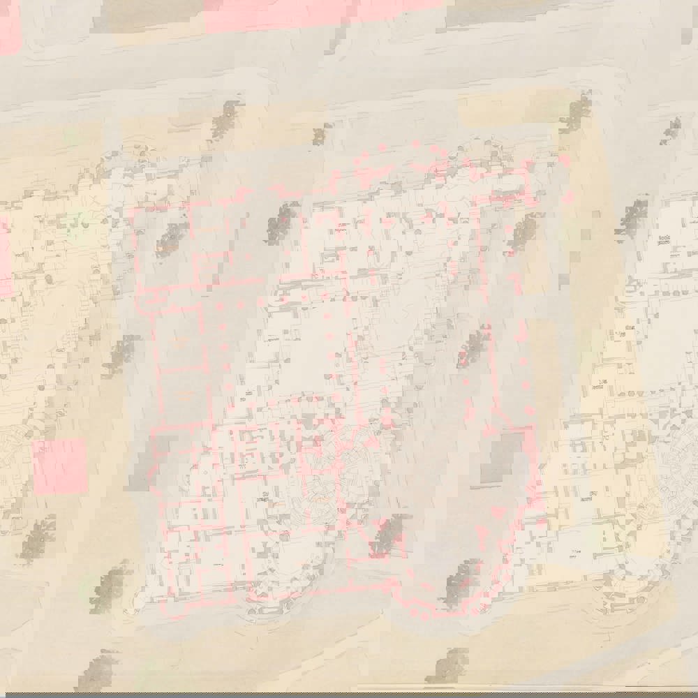 Plantegning av et bygg i akvarell maling.