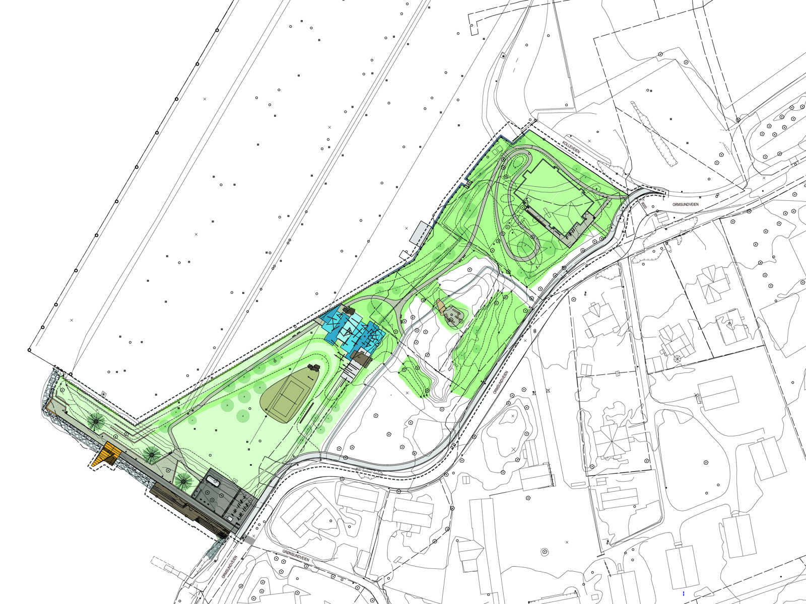 Landskapsplan av Badebakken. Teknisk tegning.