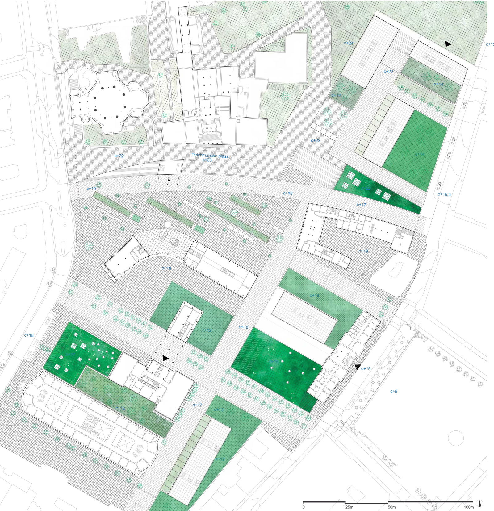 Situasjonsplan som viser by og park. Arkitekt tegning.