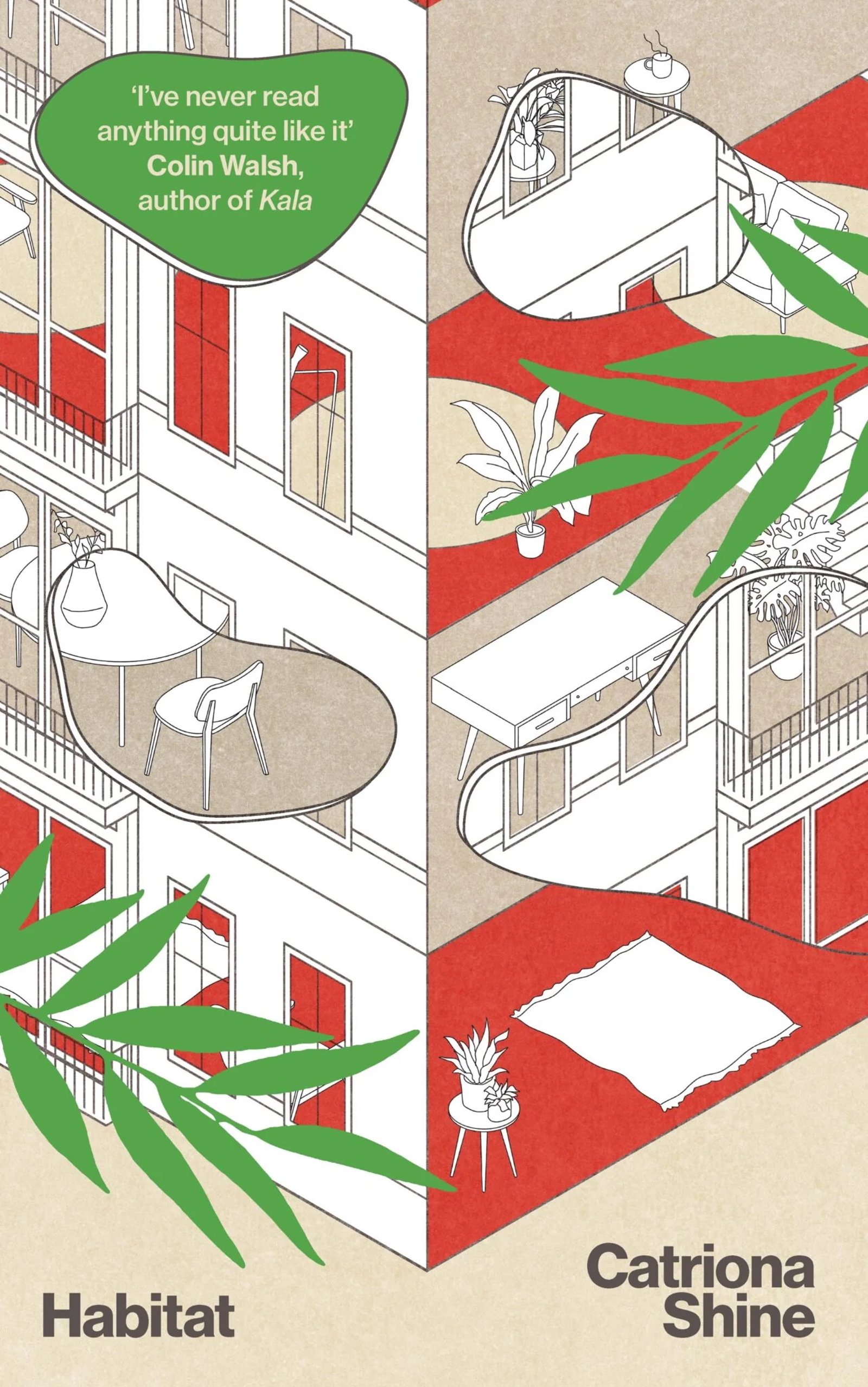 Forsiden på boken Habitat av Catriona Shine, grafisk illustrasjon av en boligblokk
