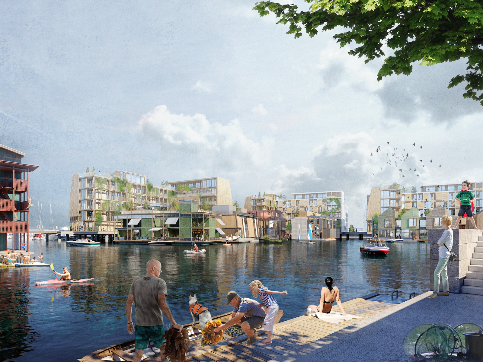 Illustrasjon av Team Vandkunstens forslag til utbygging av «Munkehagen», delområdet av Grønlikaia i Oslo.