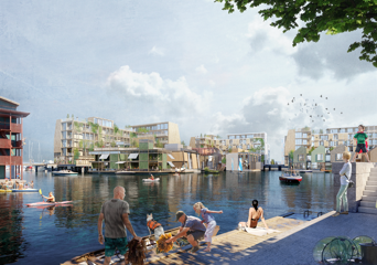 Illustrasjon av Team Vandkunstens forslag til utbygging av «Munkehagen», delområdet av Grønlikaia i Oslo.