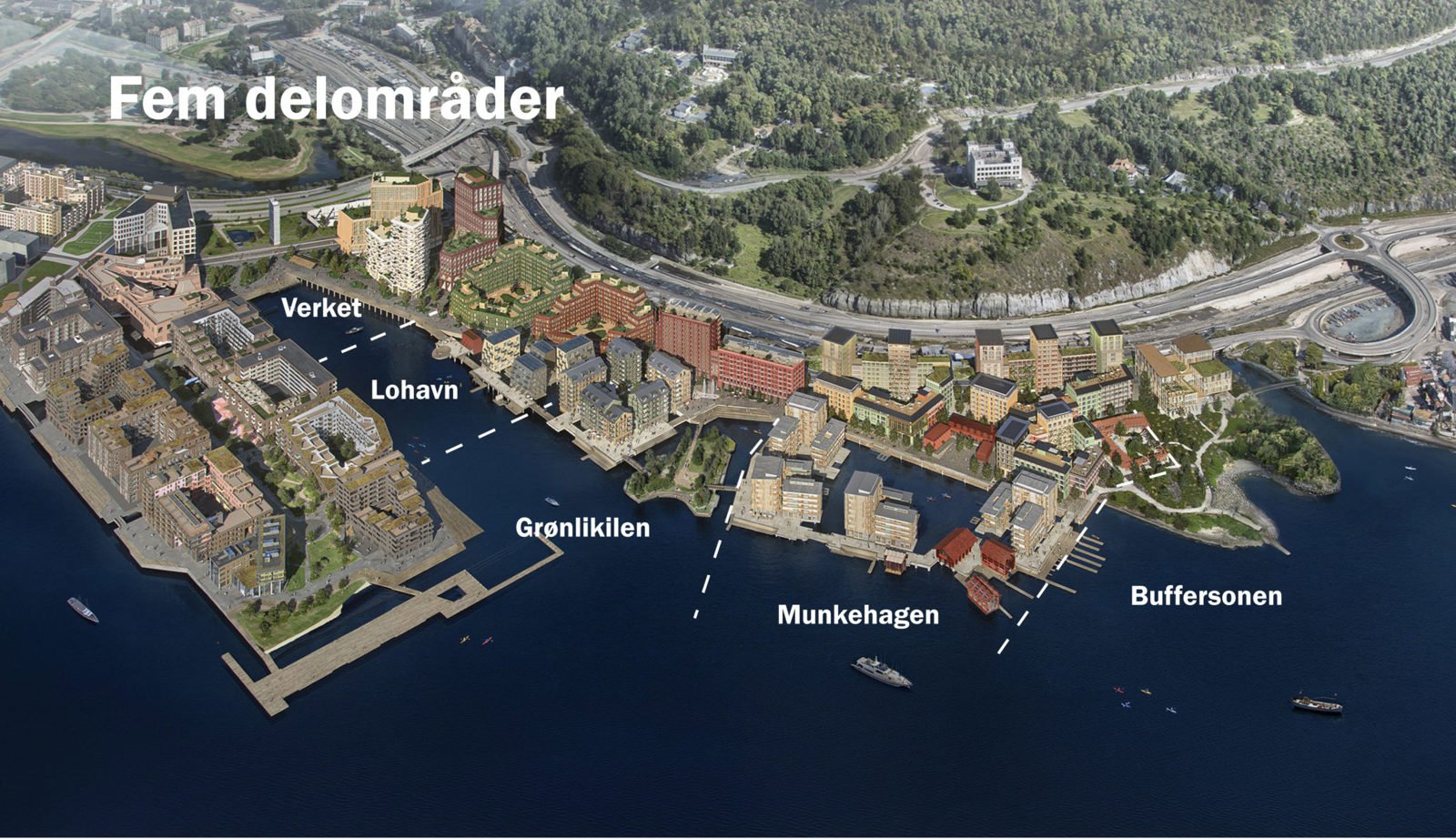 Oversiktsfoto av Grønlikaia med tekst og illustrasjoner som viser hvordan det er planlagt at det skal bli.