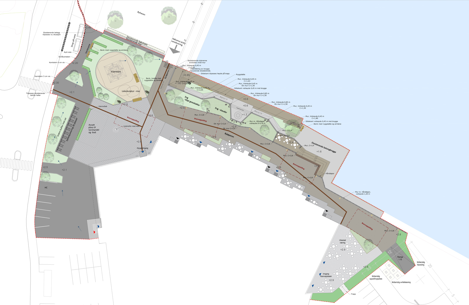 Landskapsplan som viser konteksten til et kjøpesenter. Arkitekt tegning.