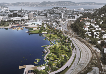 Visualisering av grøntområde langs vannet og en stor vei