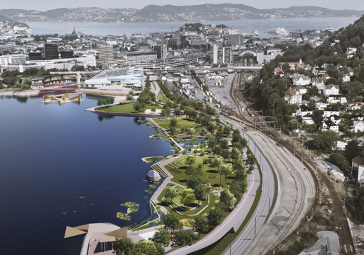 Visualisering av grøntområde langs vannet og en stor vei