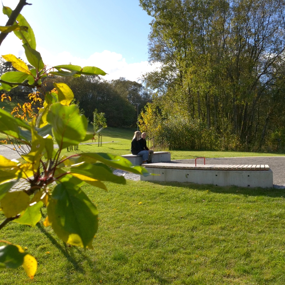 To mennesker sitter på en benk i en park, blader fra et tre i forgrunnen. Foto.