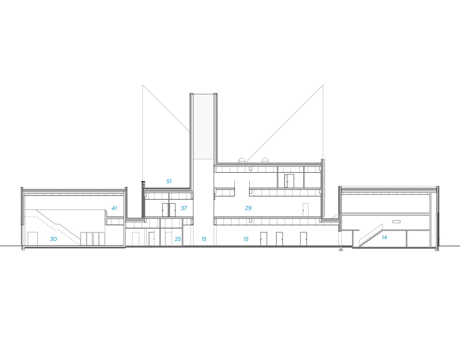 Snitt gjennom bygg med flere ulike volumer. Arkitekt tegning.