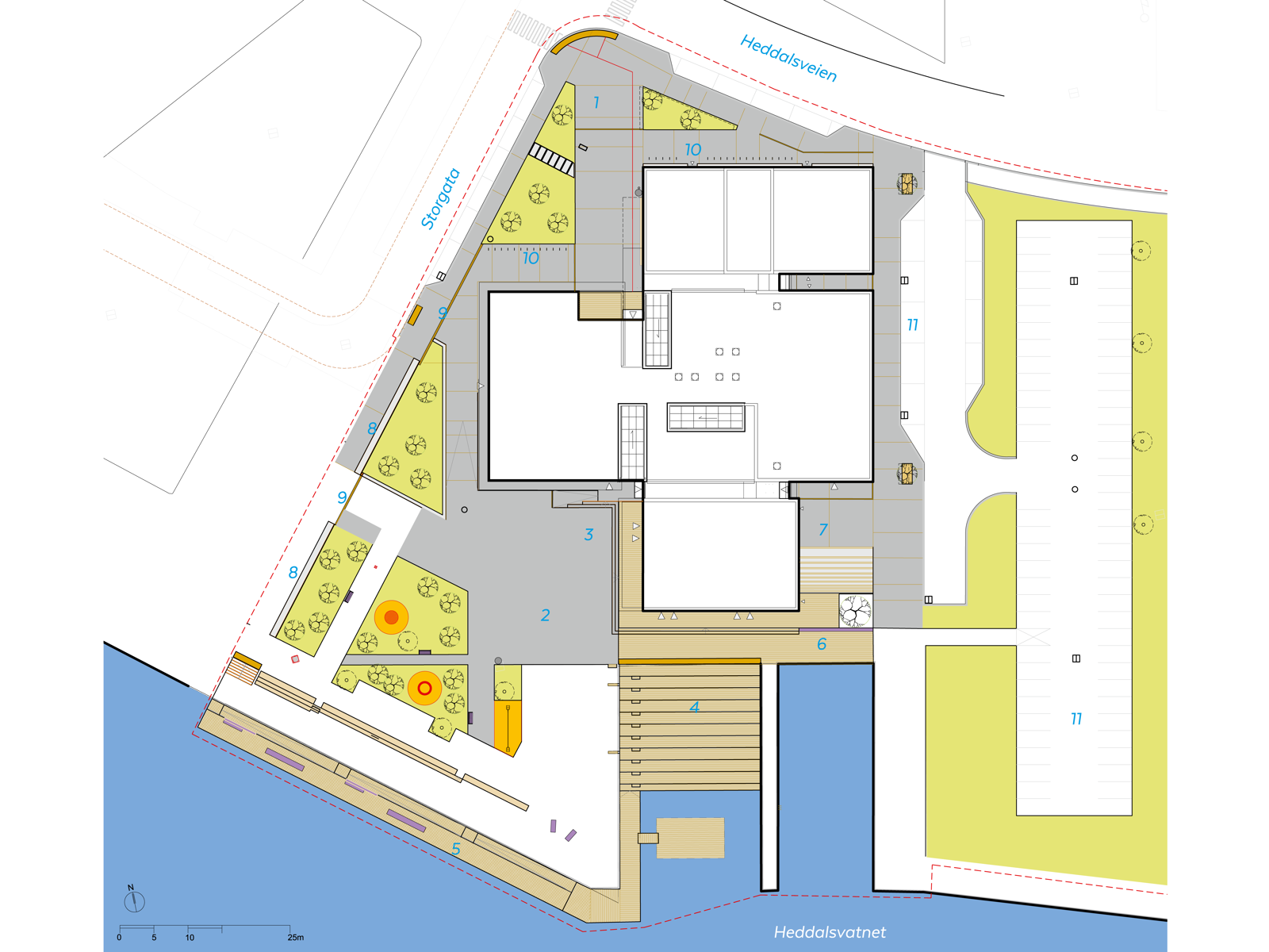 Situasjonsplan som viser bygg i kontekst til hav og omliggende park og by. Arkitekt tegning.
