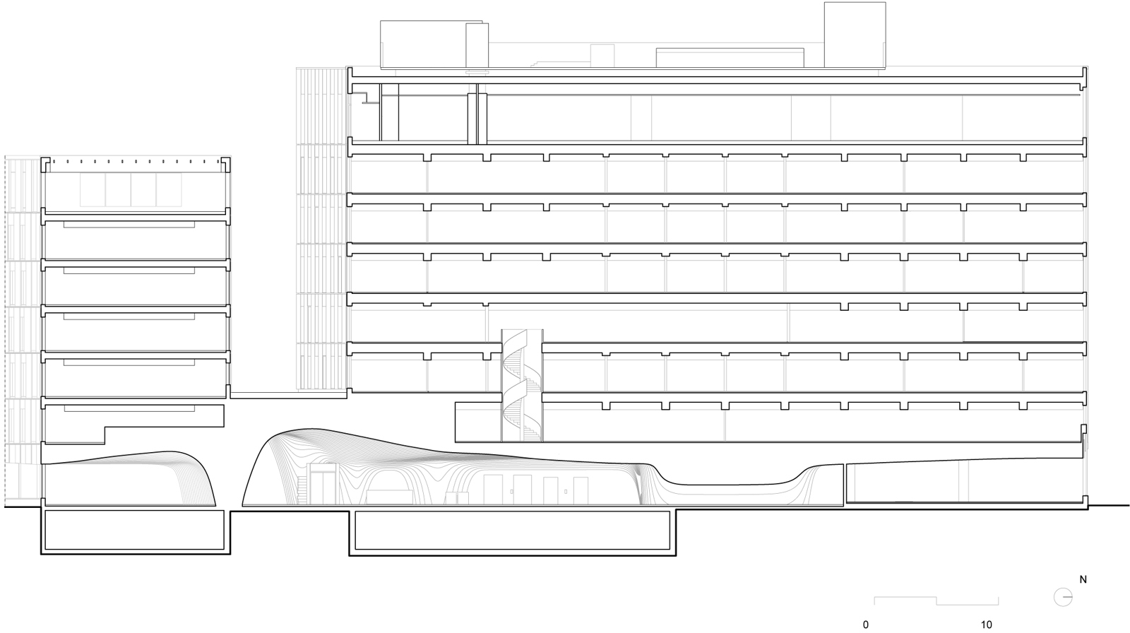Snitt av bygg. Arkitekt tegning.