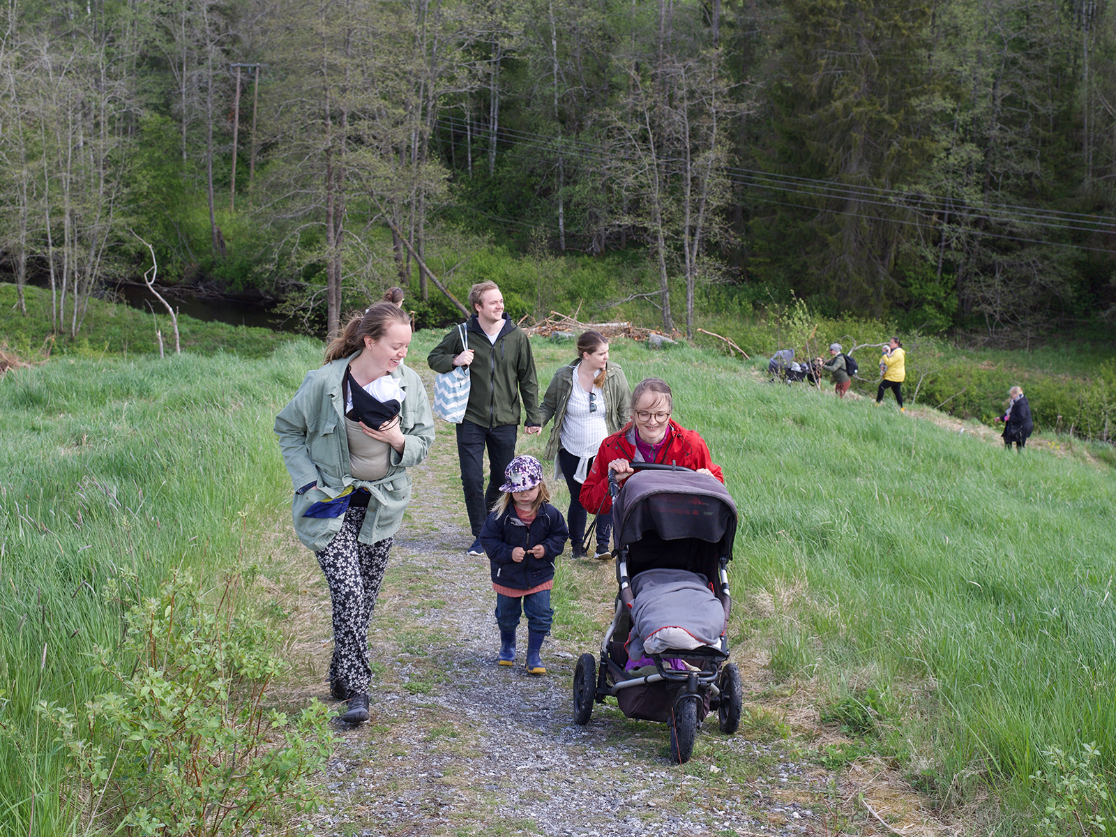 flere familier på vei opp en bakke, omringet av grønt. Foto.