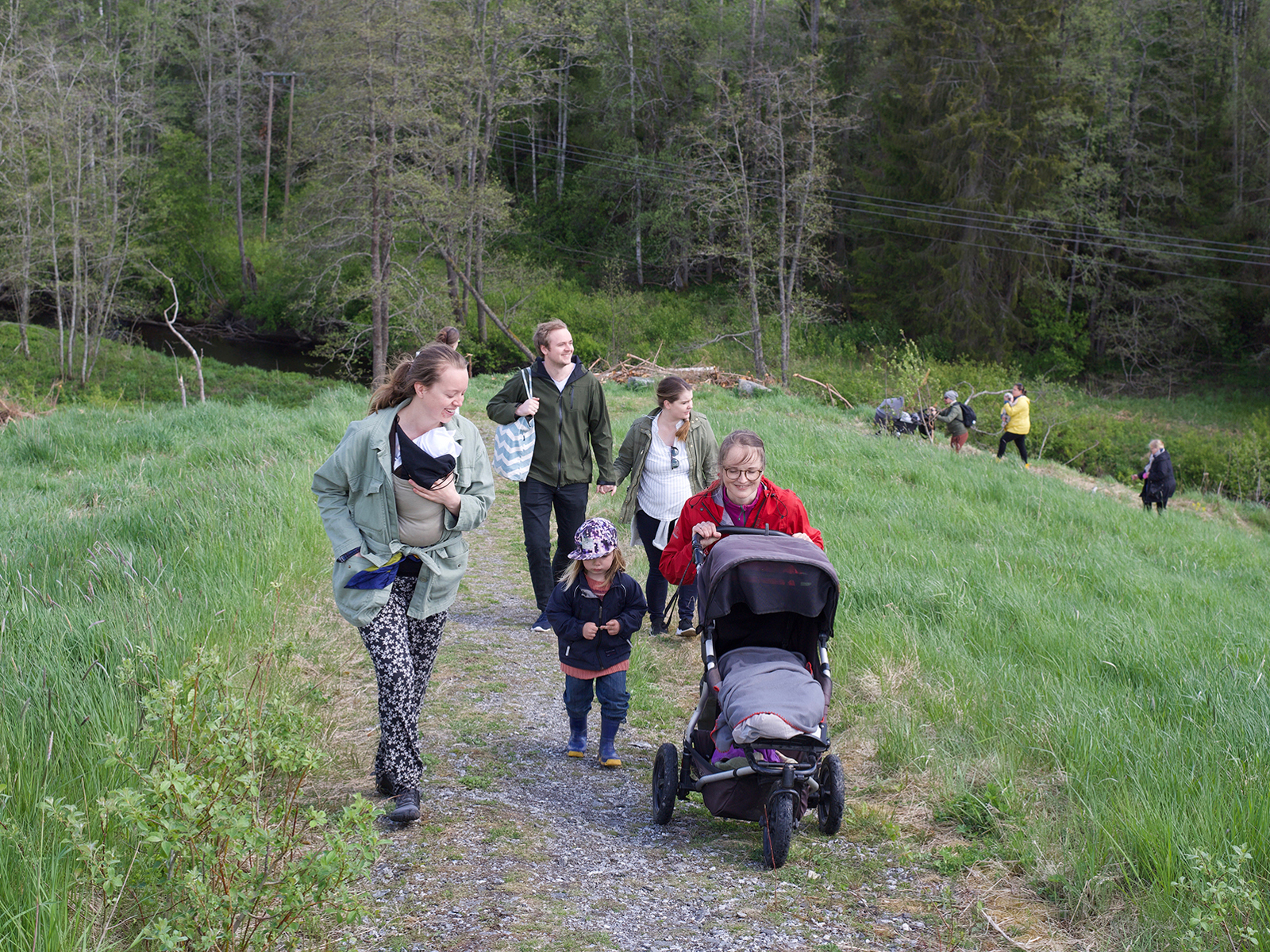 flere familier på vei opp en bakke, omringet av grønt. Foto.