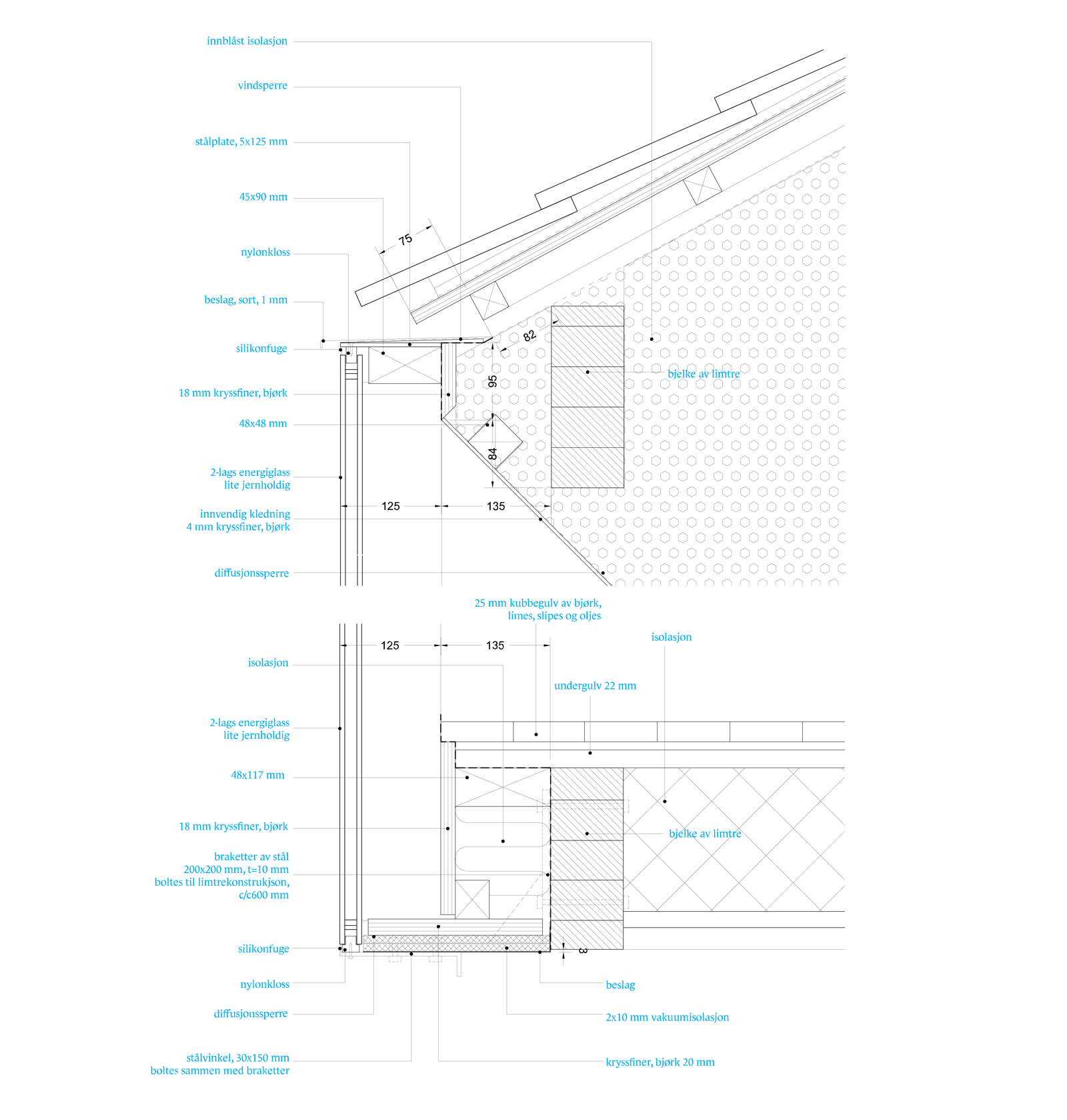 Detalj snitt av vegg og tak på hytte med forklarende tekst. Arkitekt tegning.