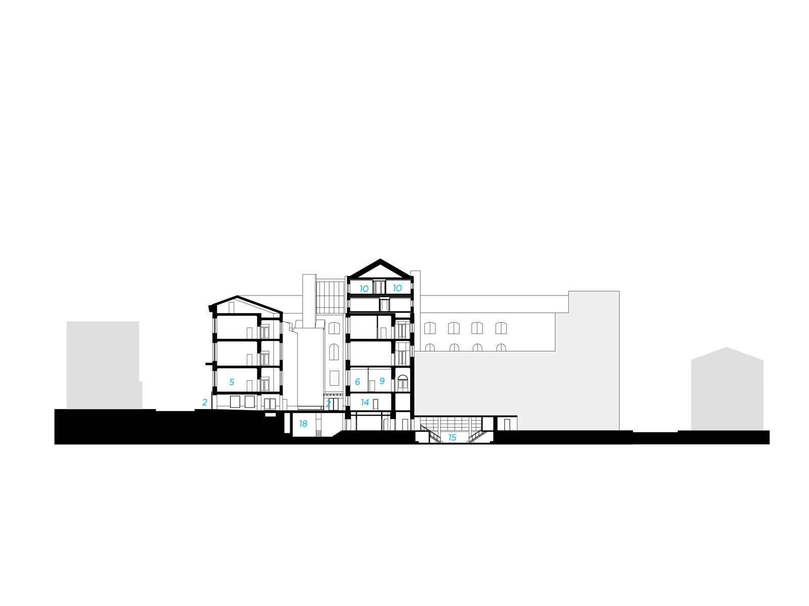 Snitt gjennom skolebygg med bakgård. Arkitekt tegning.