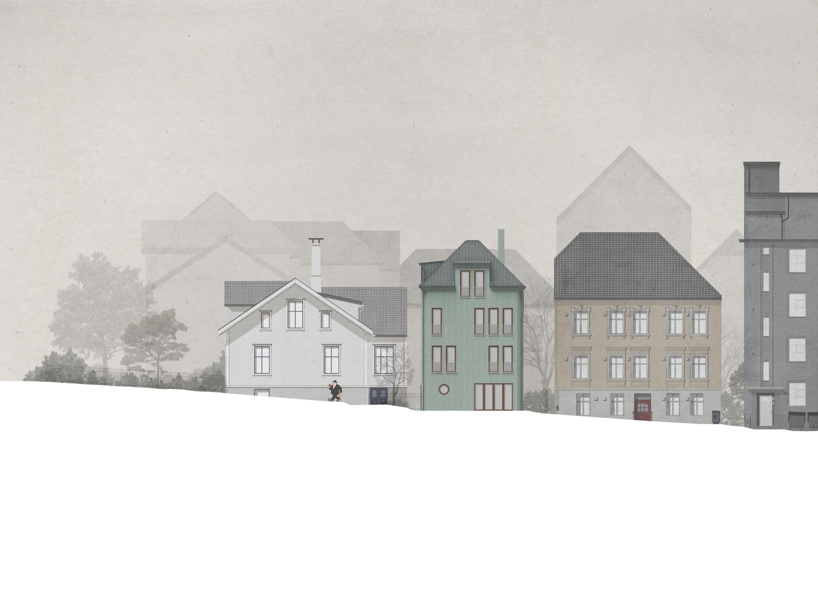 Snitt av gate som viser fasader. Arkitekt tegning.