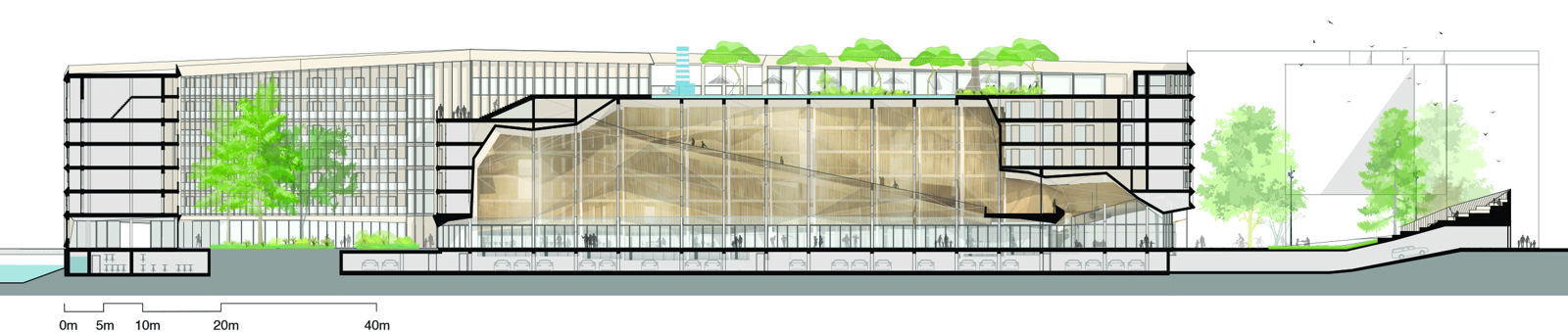 Snitt gjennom boligprosjekt med flere fellesrom. Arkitekt tegning.