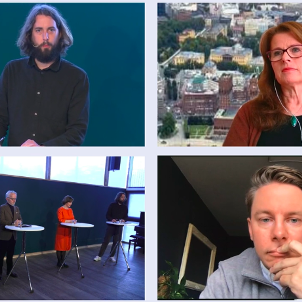 4 debattanter i arkitekturens hus sine lokaler stående fremfor runde bord, 2 debattanter via videochat. Skjermdump fra video/stream. 