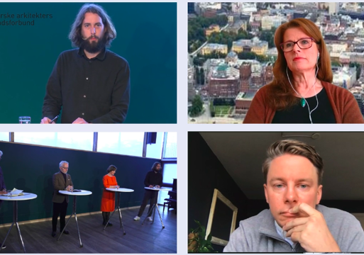 4 debattanter i arkitekturens hus sine lokaler stående fremfor runde bord, 2 debattanter via videochat. Skjermdump fra video/stream. 