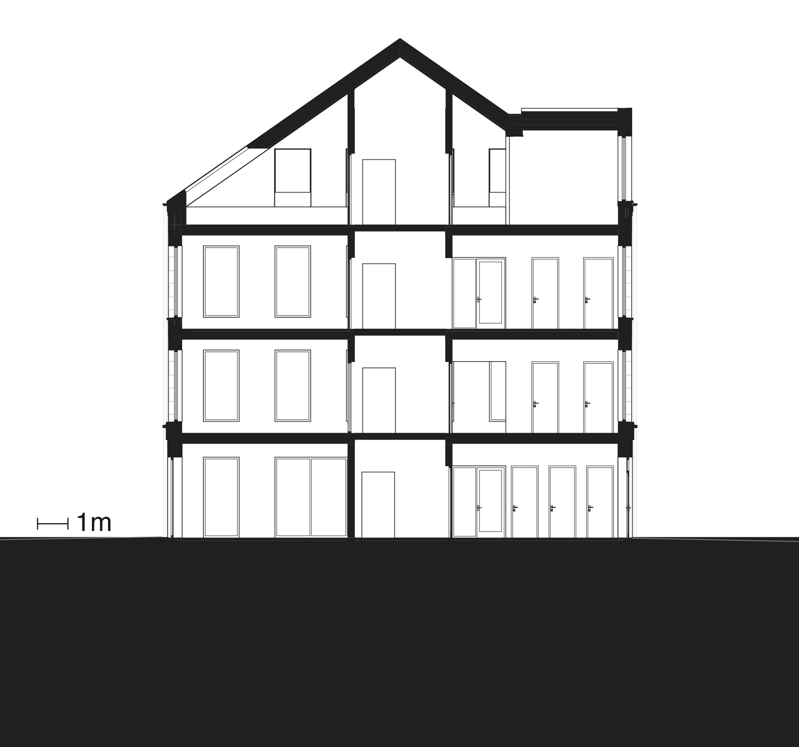 Snitt gjennom næringsbygg, arkitekt tegning.