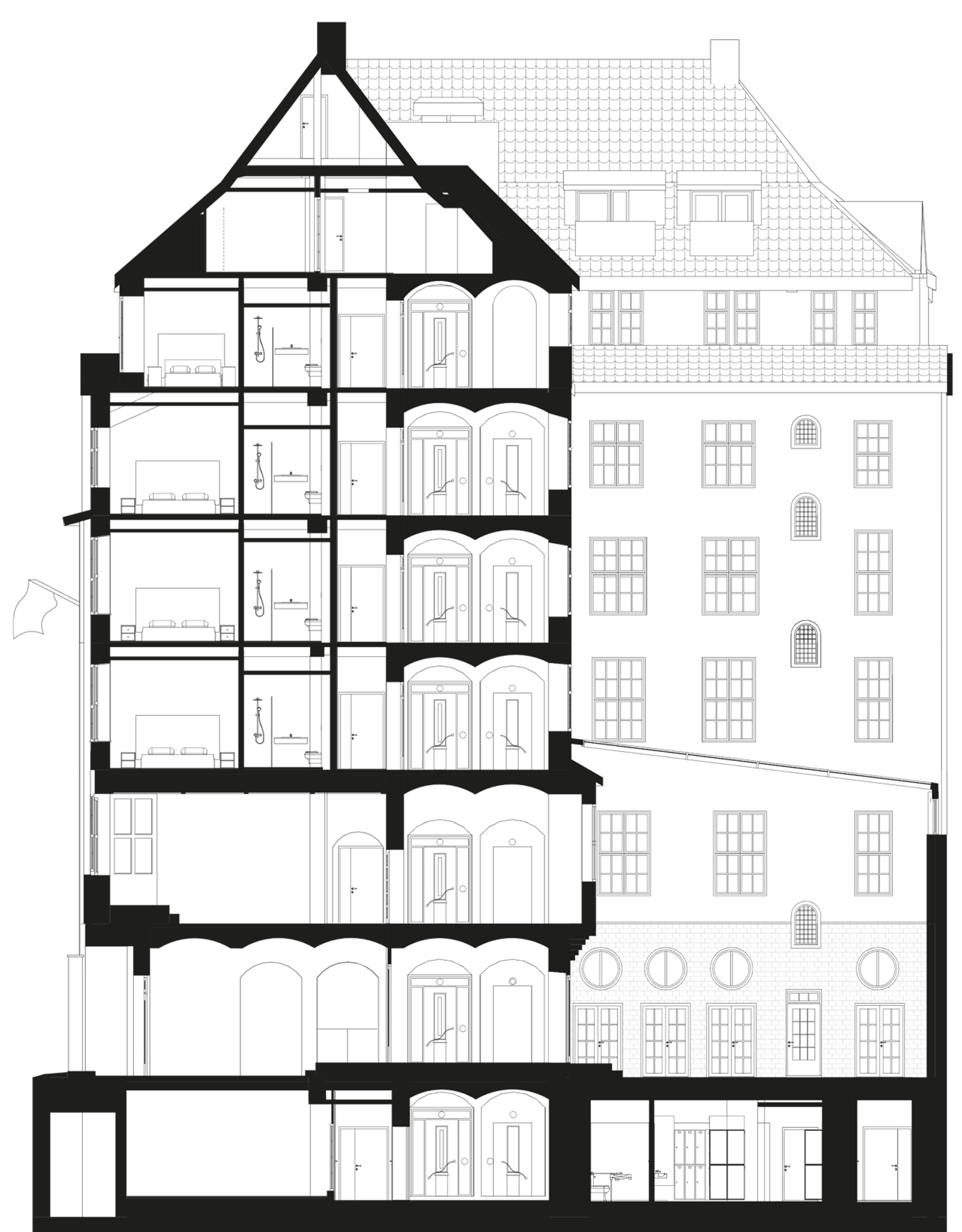 Snitt gjennom hotell. Arkitekt tegning.