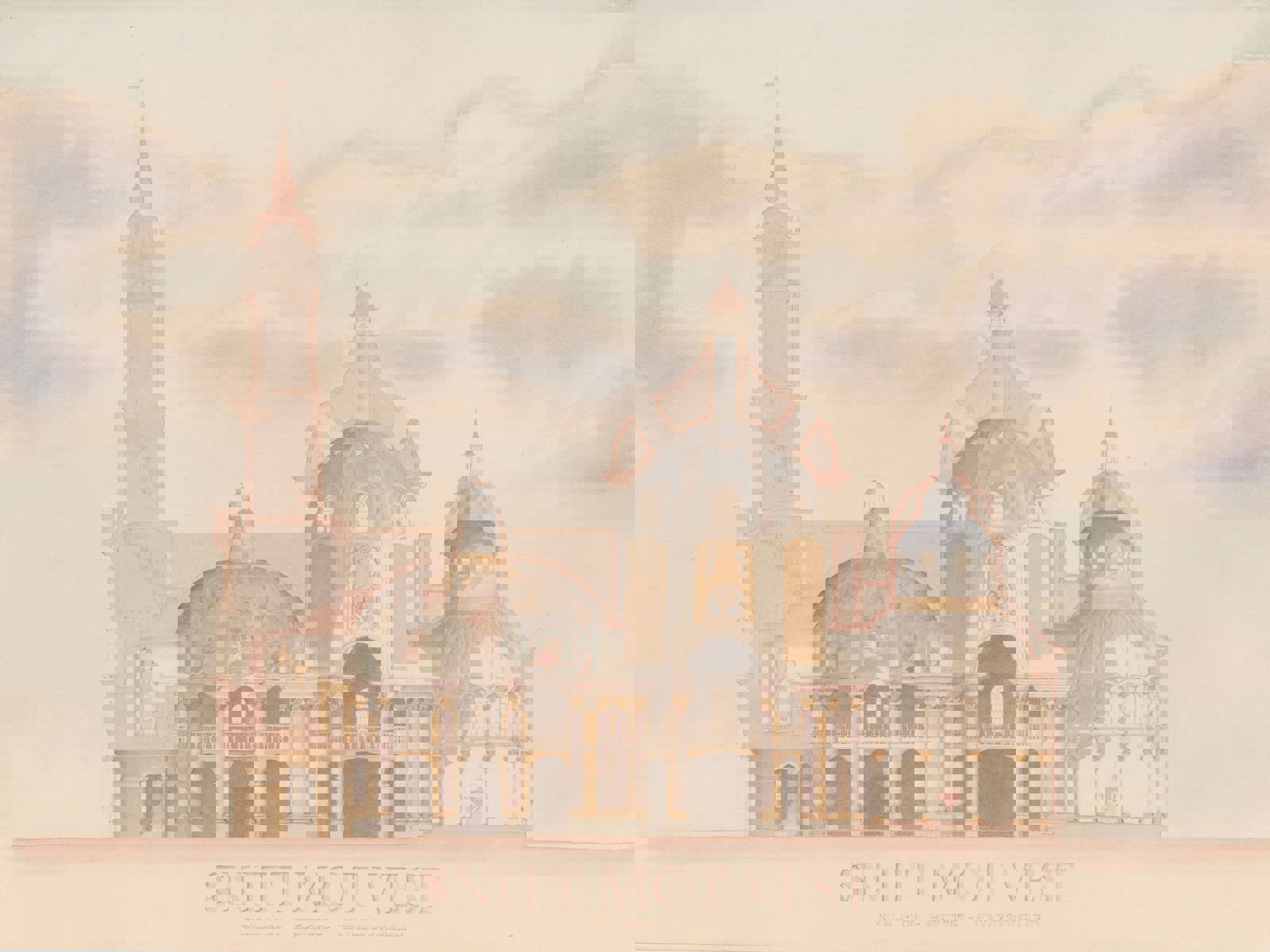 Snitt gjennom en kirke malt i akvarell, illustrasjon.