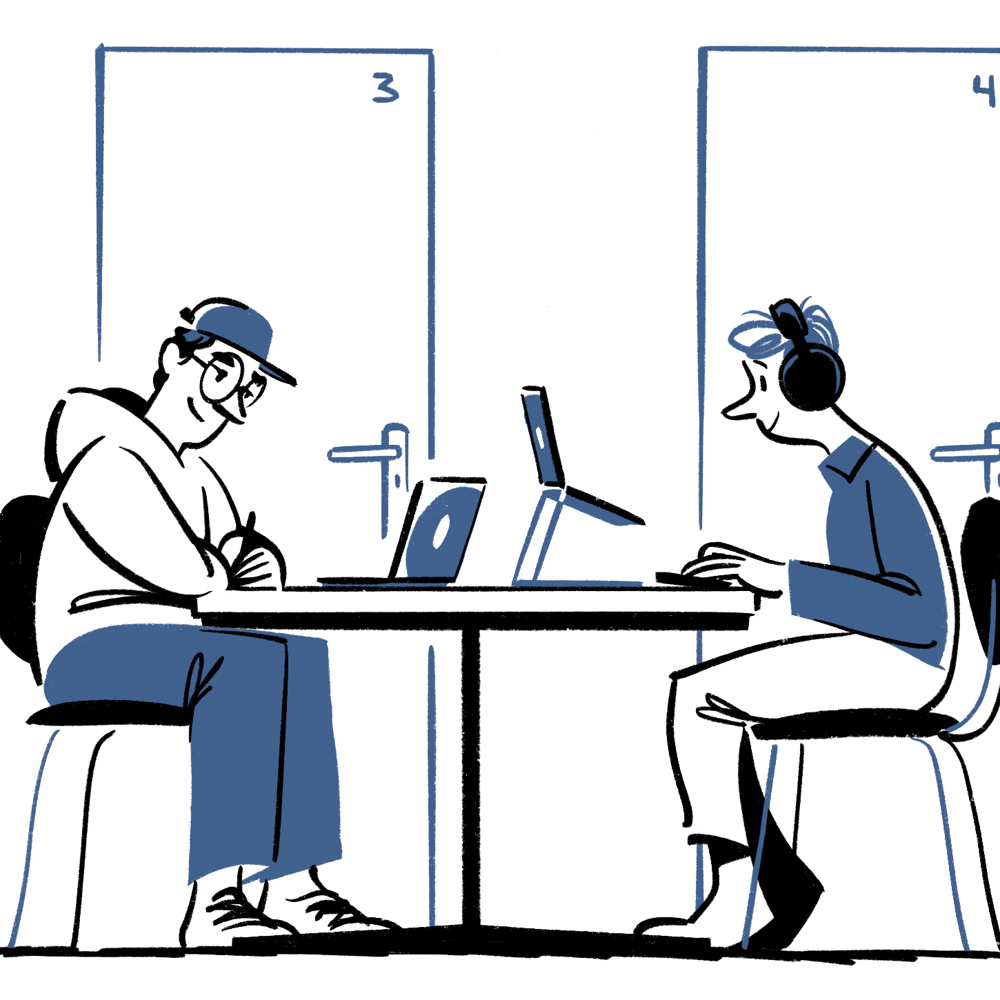 Tegning av to mennesker som jobber på pc.