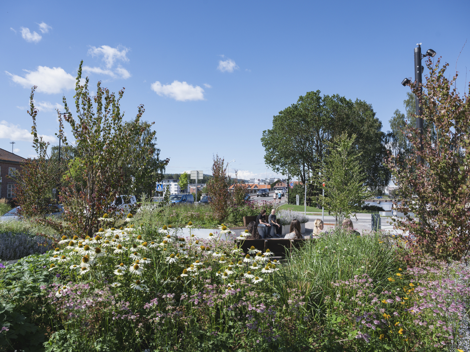 Grønt, trær, blomster og stauder i forgrunnen, sittegrupper og by i bakgrunnen. Foto.