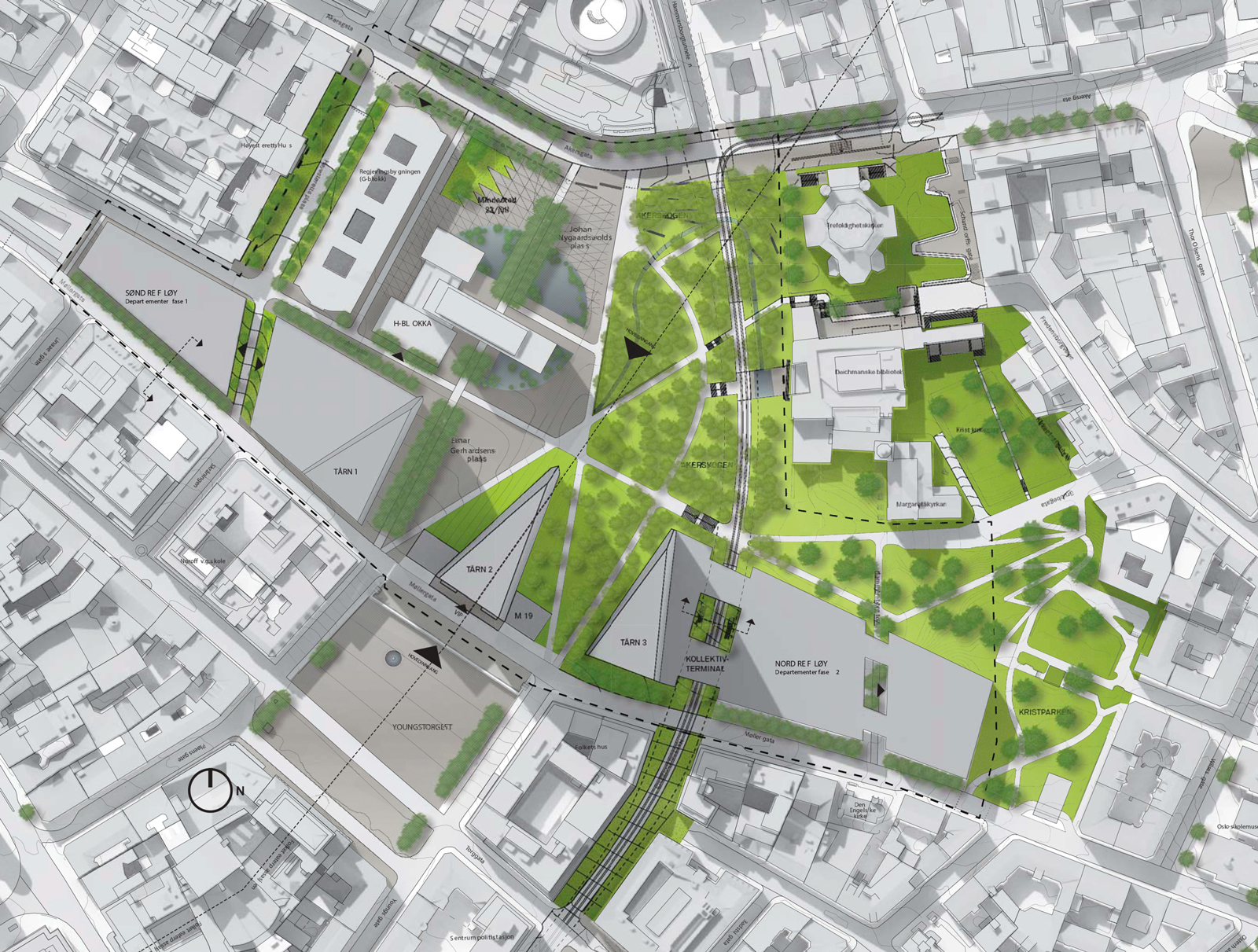 Situasjonsplan som viser by og park. Arkitekt tegning.