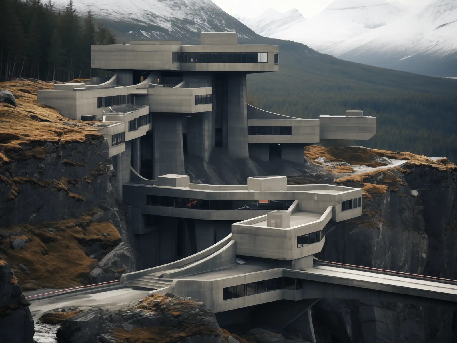 Visualisering av forestilt brutalistisk hotell i fjell landskap.