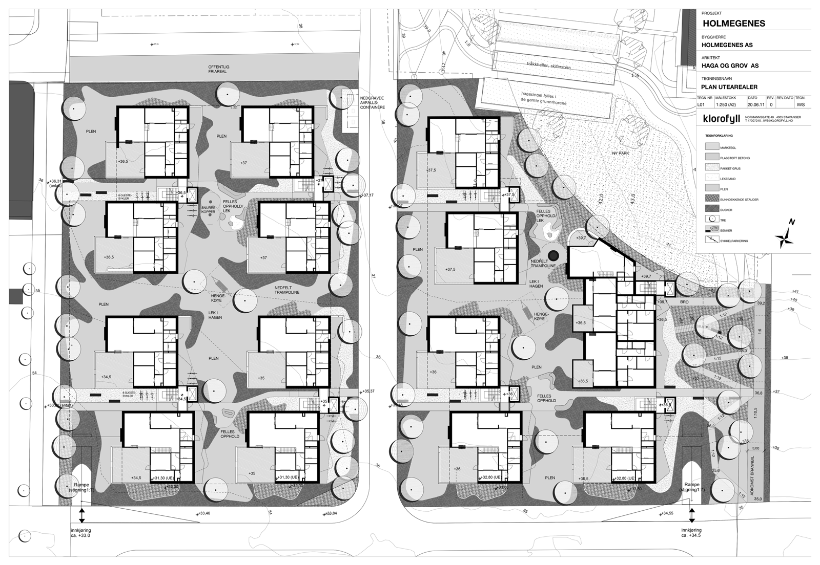 Situasjonsplan av boligfelt med flere like boliger. Arkitekt tegning.