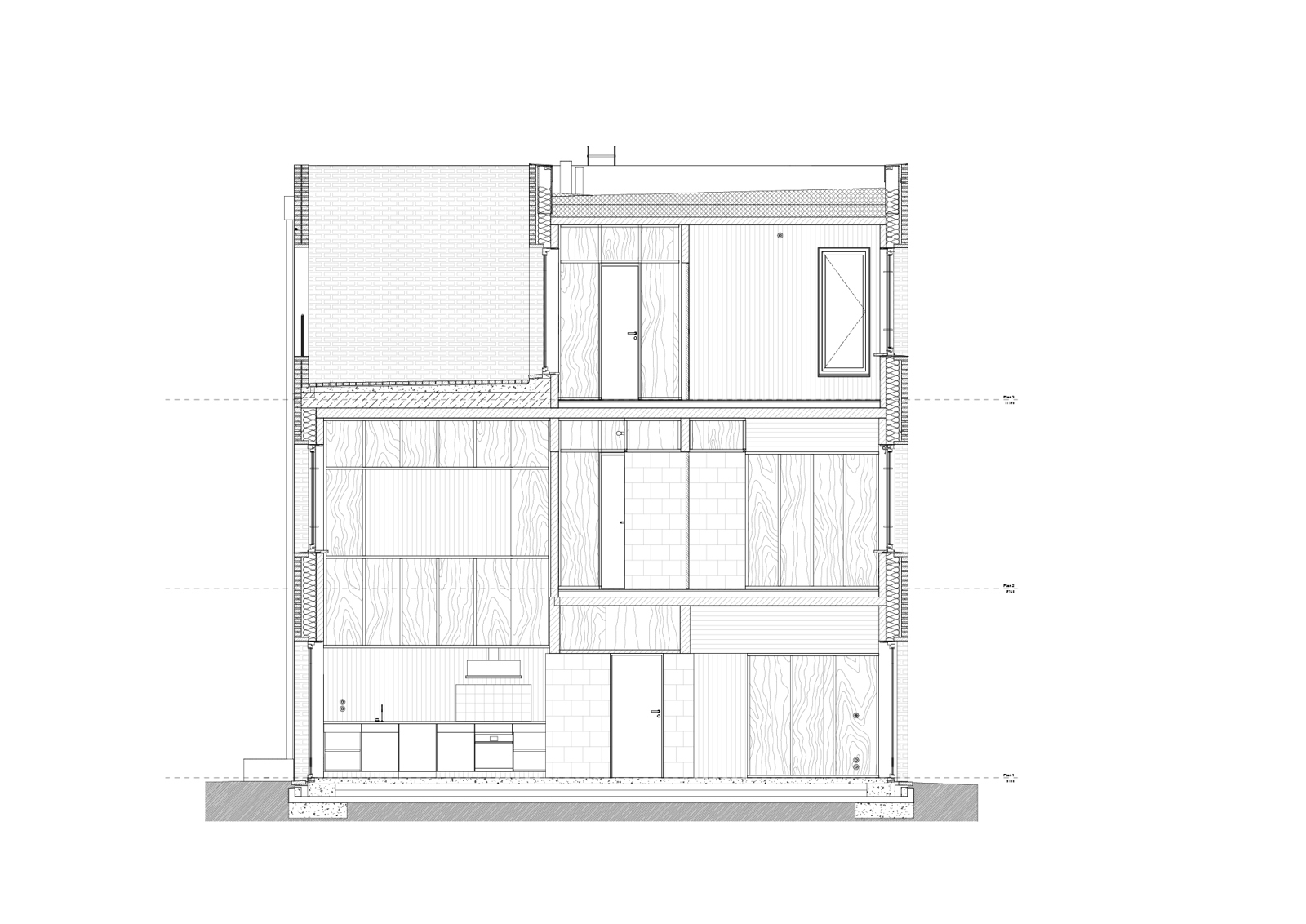 Snitt gjennom treatsjers bolig i rekkehus. arkitekt tegning.