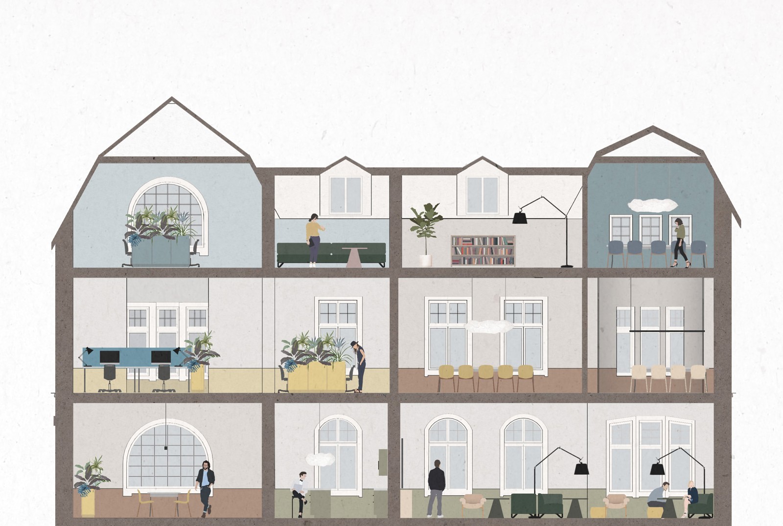 Illustrasjonssnitt av et bygg med ulike fargerike rom.