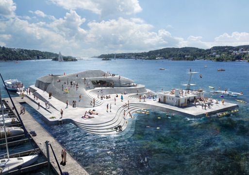 Illustrasjon fra fugleperspektiv av en nytt amfi, Knubben, tegnet av Snøhetta.
