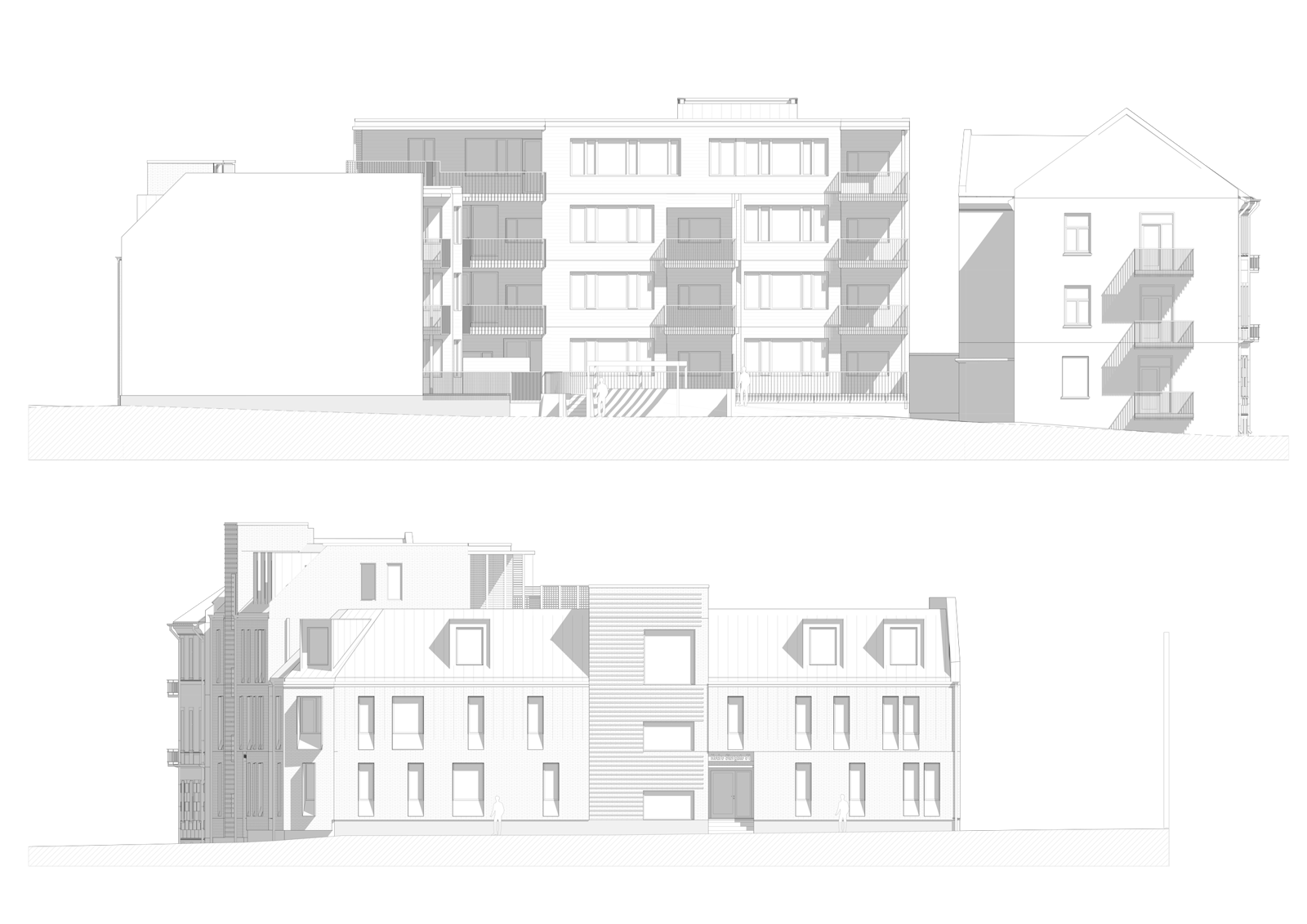 To fasader av boligblokk. Arkitekt tegning.