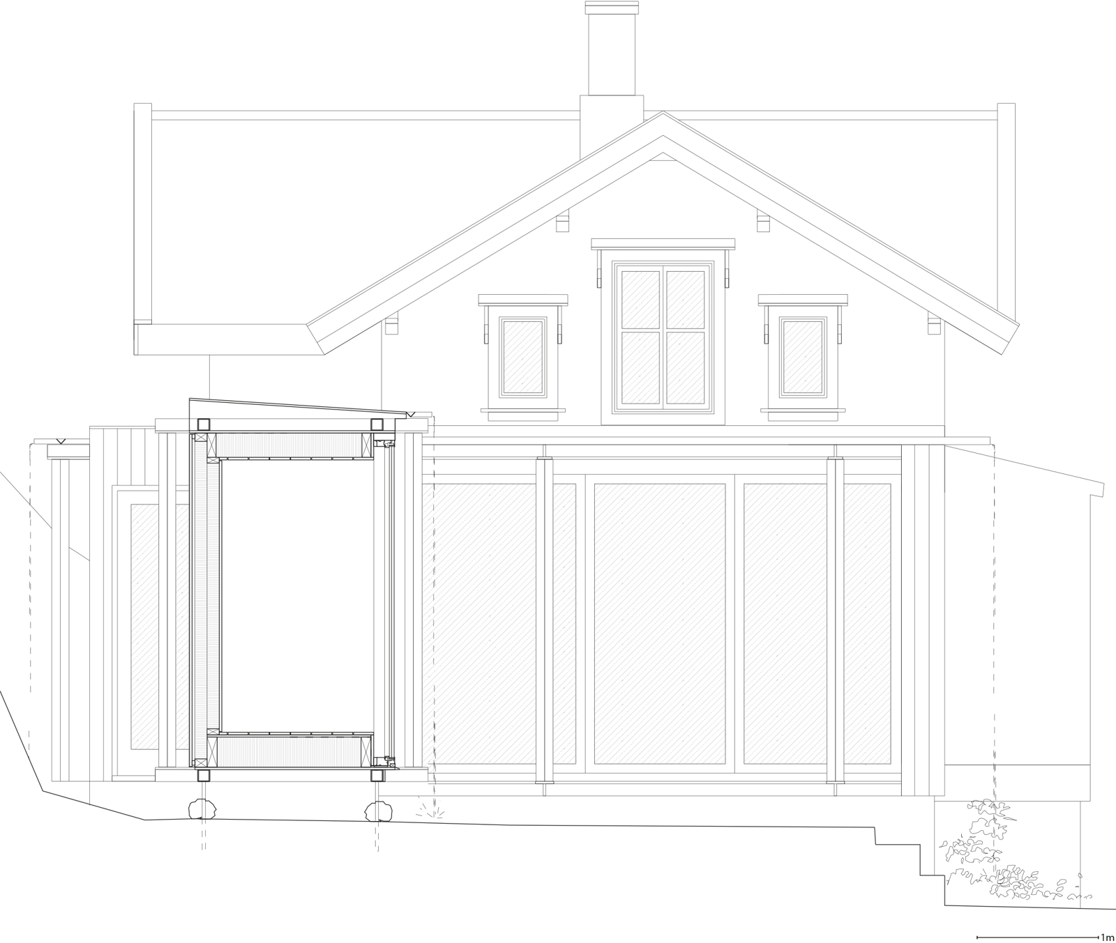 Snitt av mellomgang, enebolig i bakgrunnen. Arkitekt tegning.