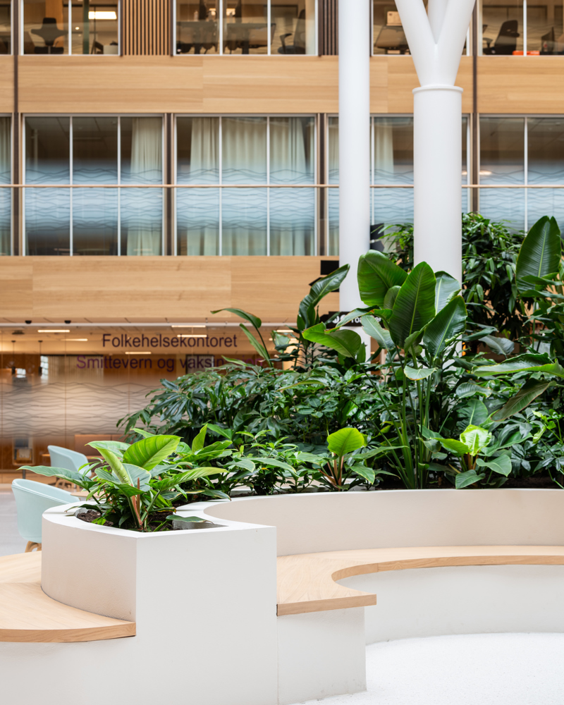 Interiør foto av kurvet benk med planter i midten.