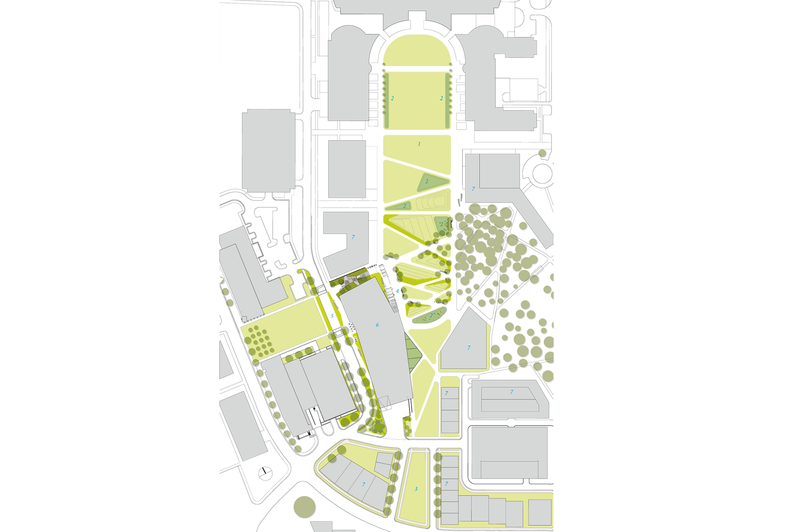 Situasjonsplan av flere bygninger og grøntarealer mellom. Arkitekt tegning.
