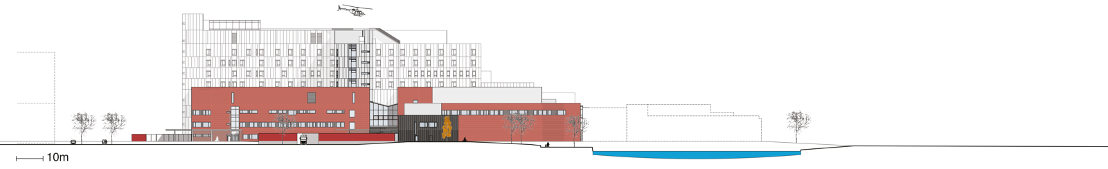 Fasade tegning av vest fasaden på Drammen sykehus. Arkitekt tegning.