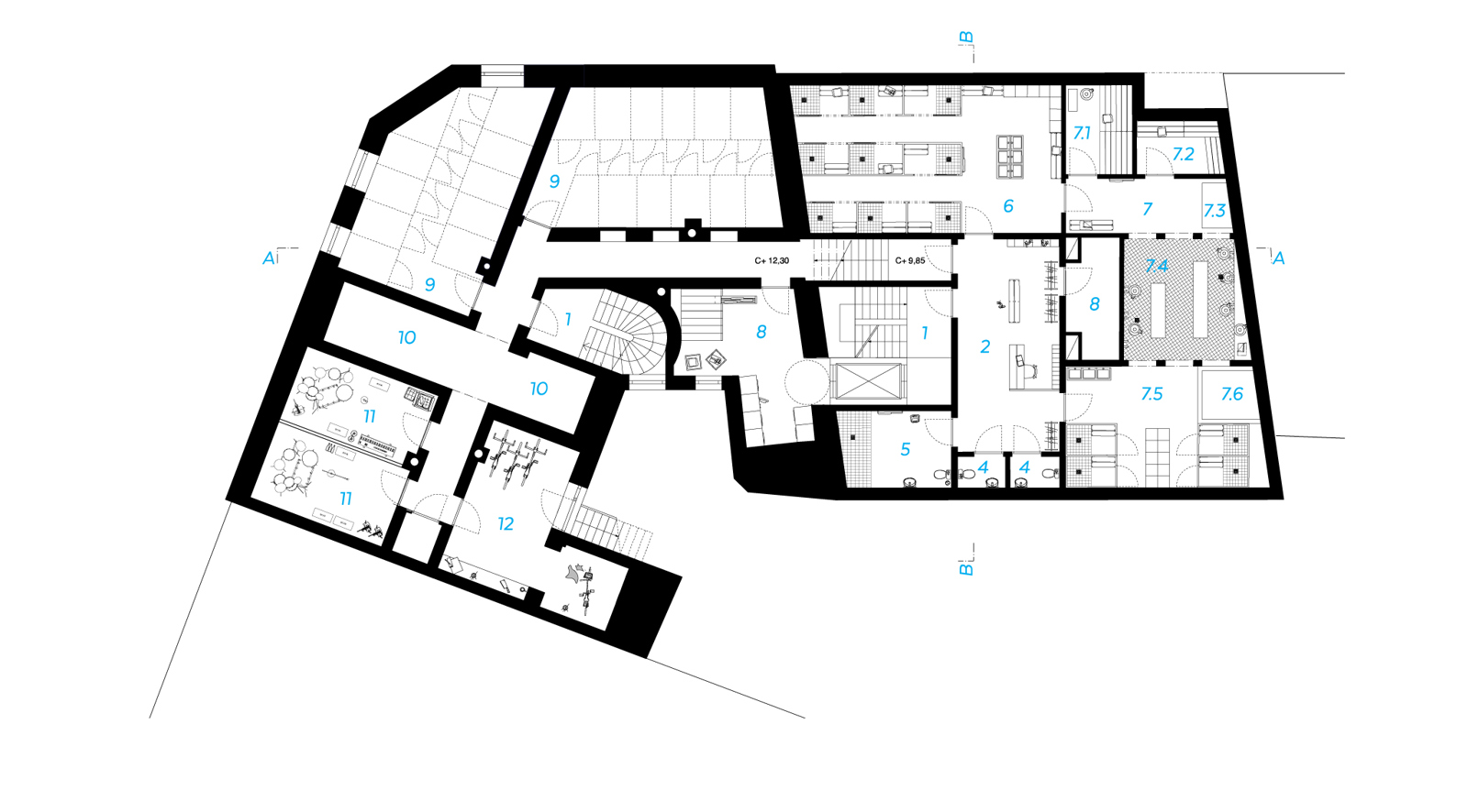 Plantegning av kjeller på hjørneblokk. Arkitekt tegning.