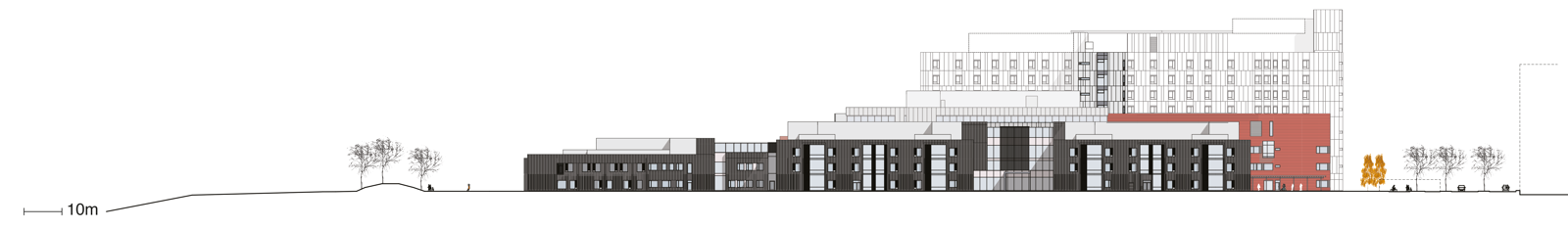 Fasade tegning av øst fasaden på Drammen sykehus. Arkitekt tegning.