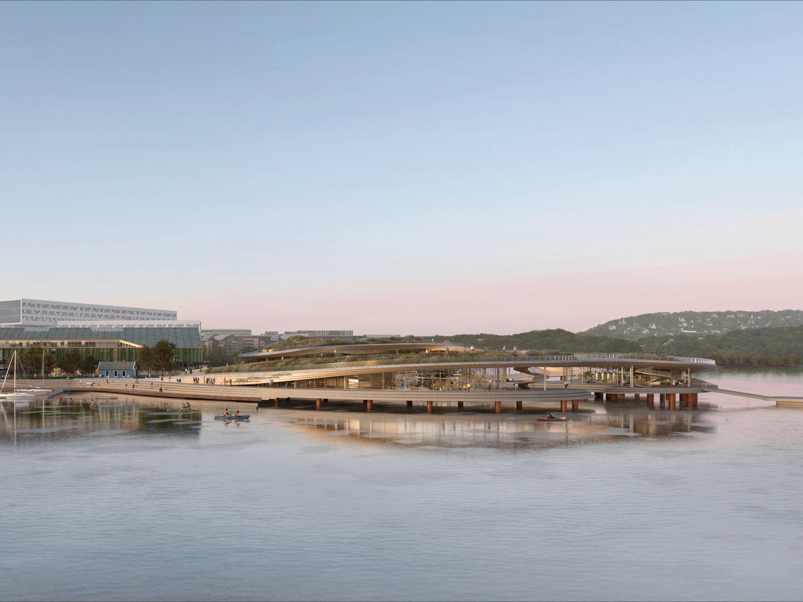 Illustrasjon av vannkantprosjektet Fornebu brygge, sett fra vannet.