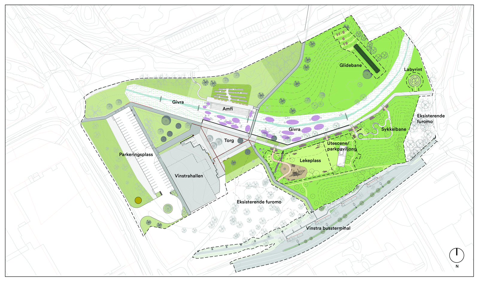 Landskapsplan av Vinstra Park, arkitekt tegning med tekst og farger.