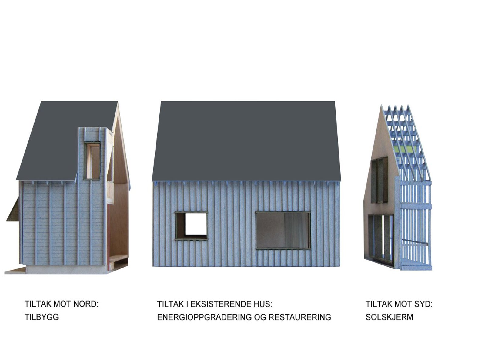 Arkitekt rendering som viser en enebolig delt opp i tre deler med prinsipp forklart under hver del i tekst.