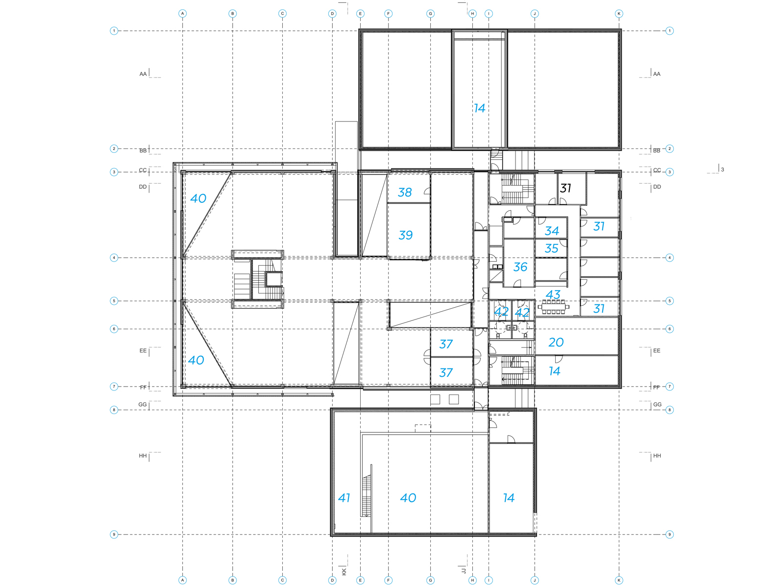 Andre etasje plan på offentlig bygning. Arkitekt tegning.