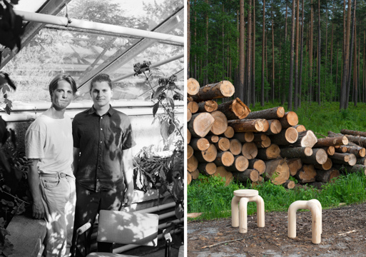 Bilde av Mikkel Jøraandstad og Herman Ødegaard og bilde av krakker fremfor hen haug med tømmer satt sammen. Foto.